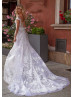 Ivory Flowery Lace Tulle V Back Wedding Dress